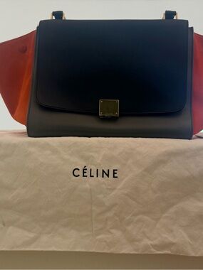 Celine Black Leather Shoulder Bag with Brown Side Wings